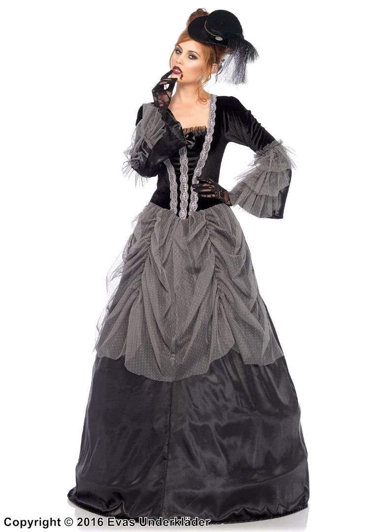 Mina Harker fra Dracula, kostyme-kjole, sateng, volanger, rynket mesh, fløyel